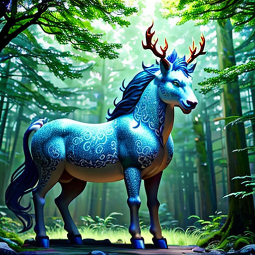a blue horse standing in the middle of a forest with trees and rocks on the ground, with a bright light shining through the trees