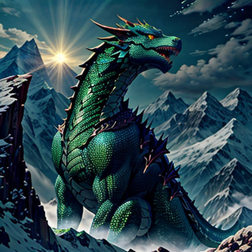 a green dragon sitting on top of a mountain under a cloudy sky with a sun shining behind it and mountains in the background