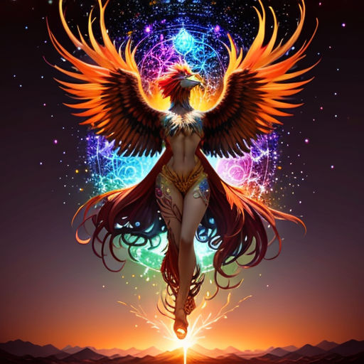 a woman with a bird on her back and a star in the background with a colorful background and a star in the middle
