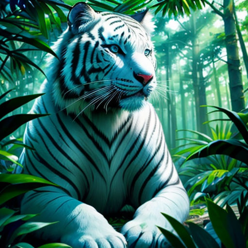 a white tiger sitting in the middle of a forest of trees and plants with a blue eyes and a white body