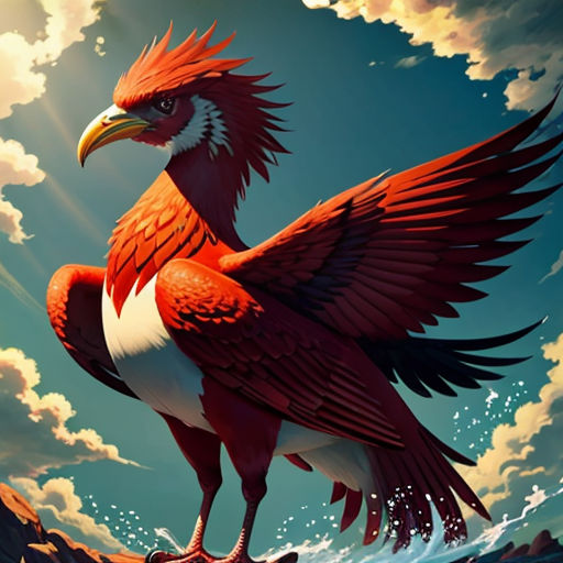 a bird with a red and white body and wings standing on a rock in the water with a cloudy sky behind it