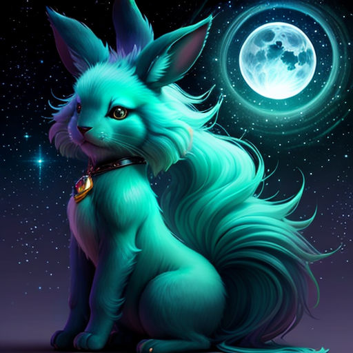 a blue dog sitting in front of a full moon and stars background with a full moon in the background