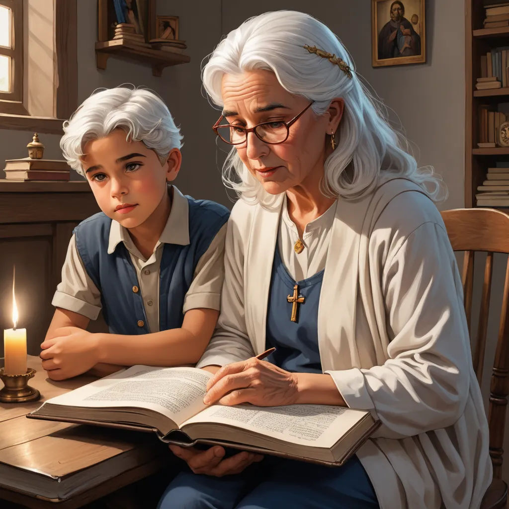 a painting of a woman and a boy sitting at a table with a book and a candle in front of them, american scene painting, a storybook illustration, Brothers Hildebrandt, storybook illustration