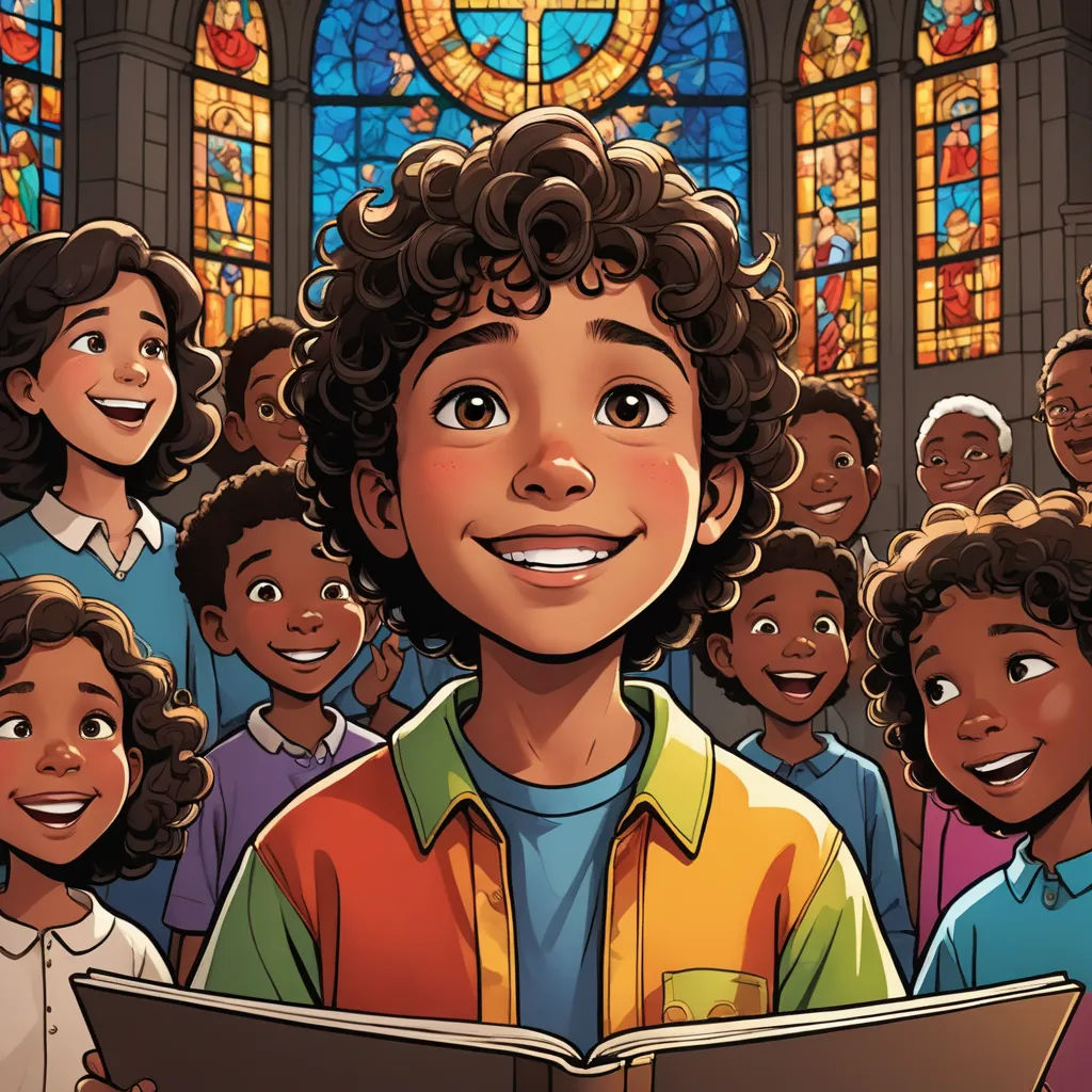 a boy reading a book in front of a group of children in a church with stained glass windows behind him, harlem renaissance, a comic book panel, Cliff Childs, comic cover art