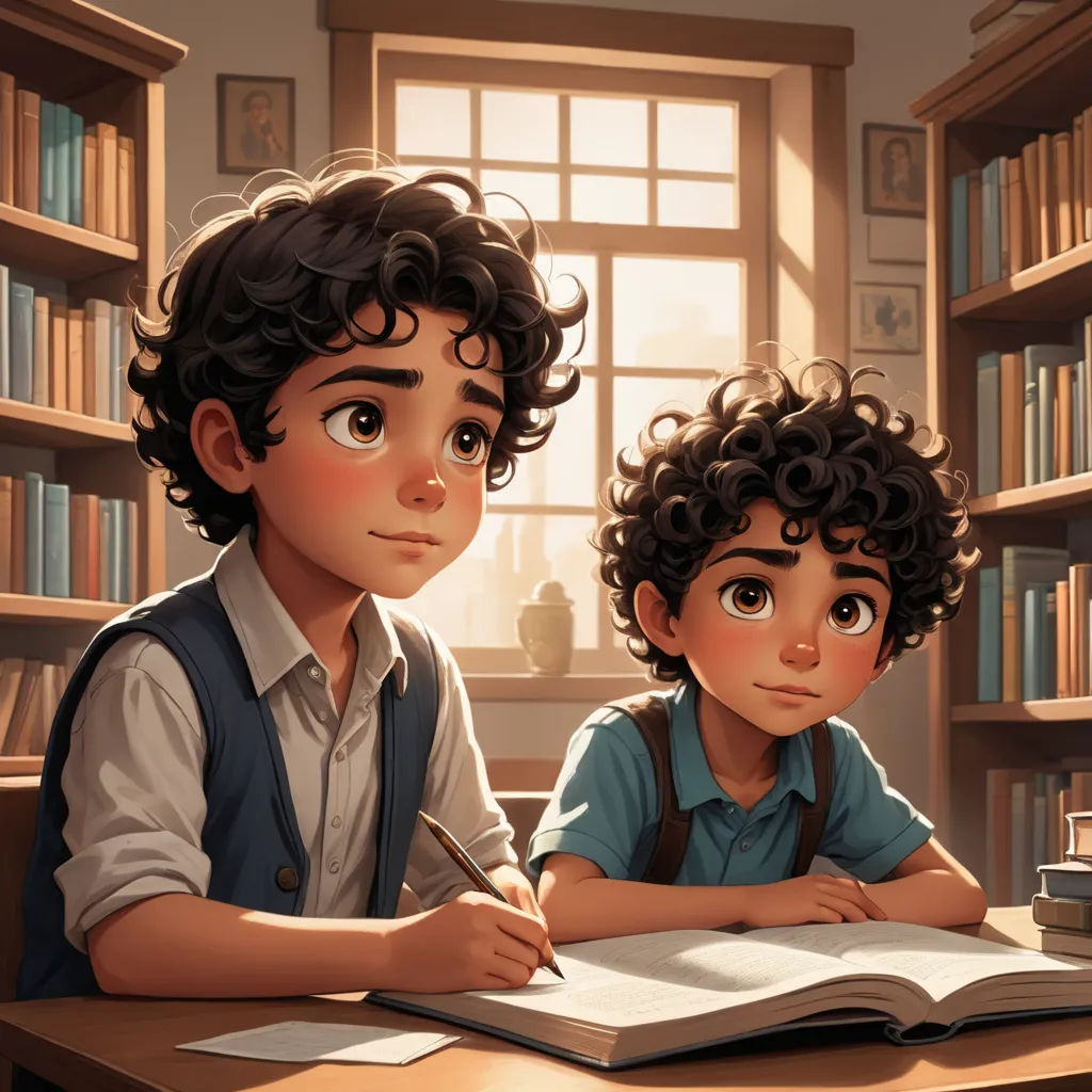 a boy and a girl sitting at a desk in front of a bookcase with books on it and a book, academic art, a storybook illustration, Diego Gisbert Llorens, official art