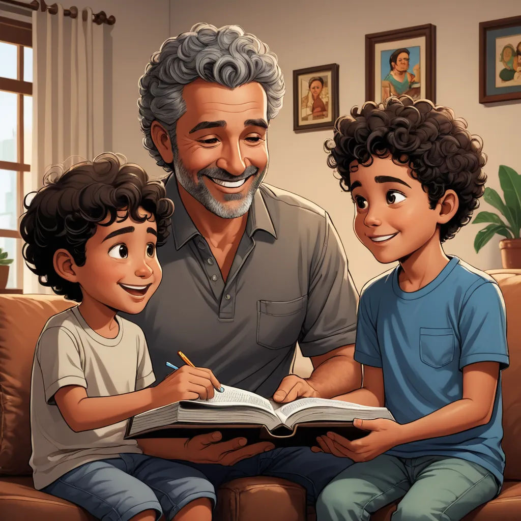 a man and two children are sitting on a couch and reading a book together, with a man in the background, academic art, a storybook illustration, Diego Gisbert Llorens, storybook illustration