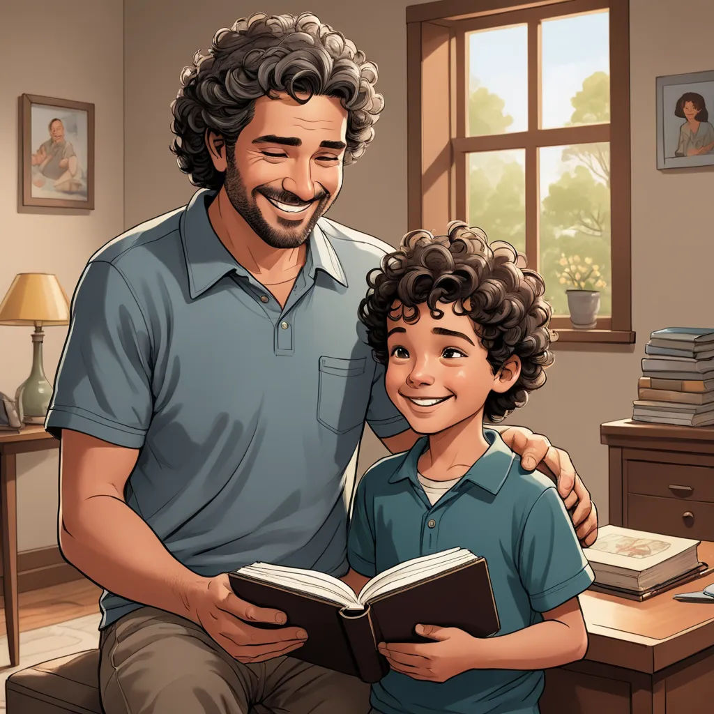 a man and a boy are sitting on a couch reading a book together in a room with a window, lyco art, a storybook illustration, Diego Gisbert Llorens, storybook illustration