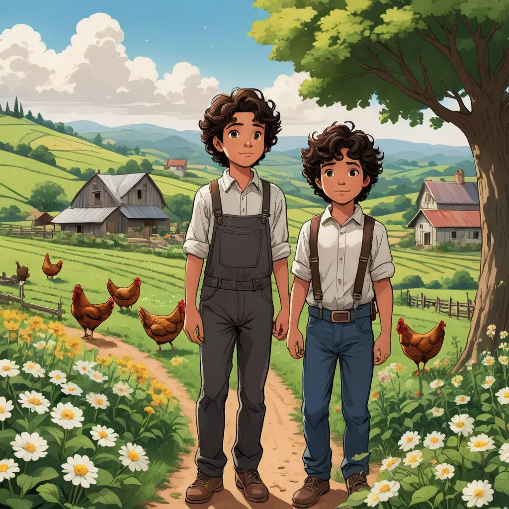 a couple of people standing in a field with chickens behind them and a tree in the background with a house in the background, lyco art, a storybook illustration, Brothers Hildebrandt, official art