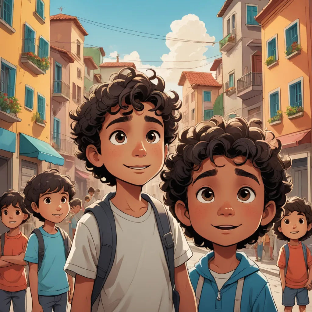 a boy and a girl standing in front of a group of people in a city street with buildings and a blue umbrella, serial art, a storybook illustration, Asaf Hanuka, official art
