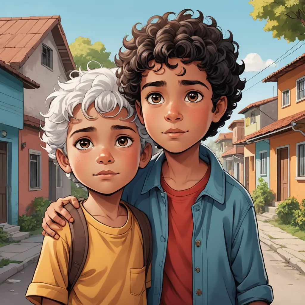 a boy and a girl standing in front of a row of houses with a street in the background and a blue building, serial art, a storybook illustration, Alejandro Burdisio, trending on art station