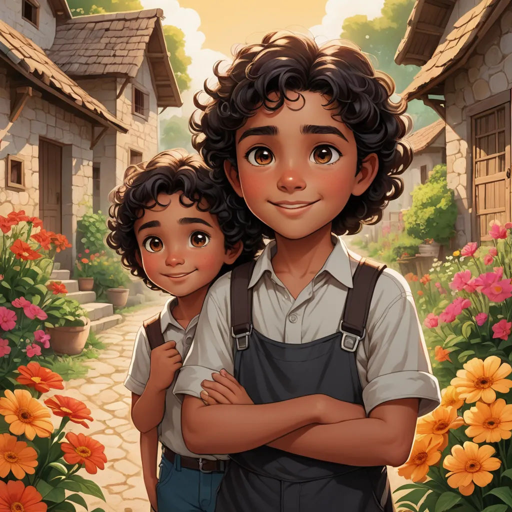 a boy and a girl are standing in a garden with flowers and buildings in the background, and a path leading to a house, fantasy art, a storybook illustration, Brothers Hildebrandt, cushart krenz