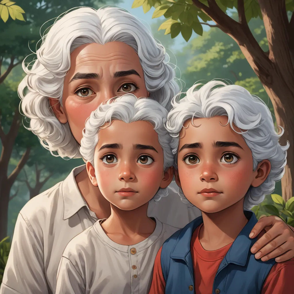 a painting of a woman and two children in a forest with trees and bushes behind them, with a man and a child standing behind them, serial art, a storybook illustration, Alejandro Burdisio, rossdraws global illumination