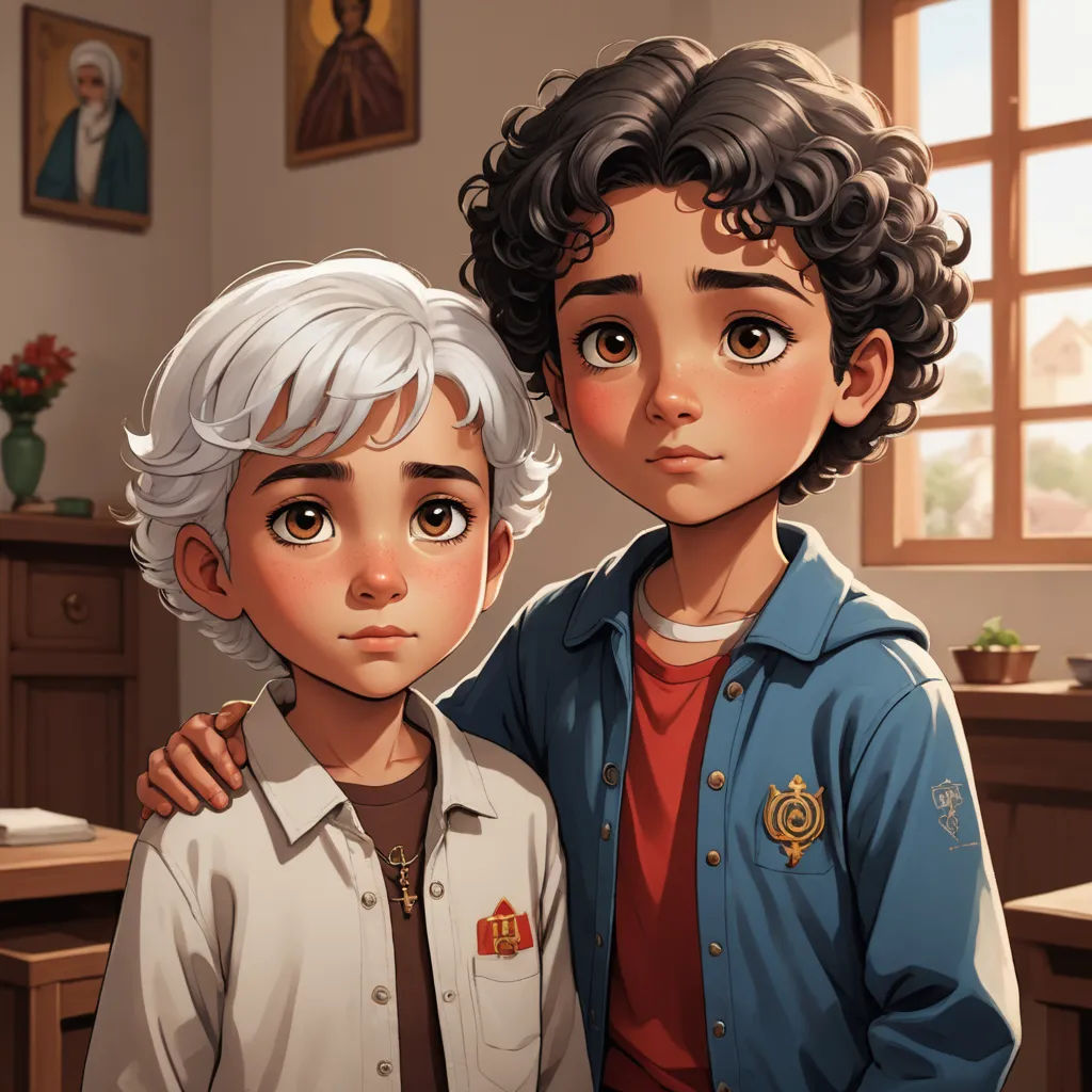 a boy and a girl standing next to each other in a room with a window and a desk in the background, serial art, a storybook illustration, Brothers Hildebrandt, cushart krenz