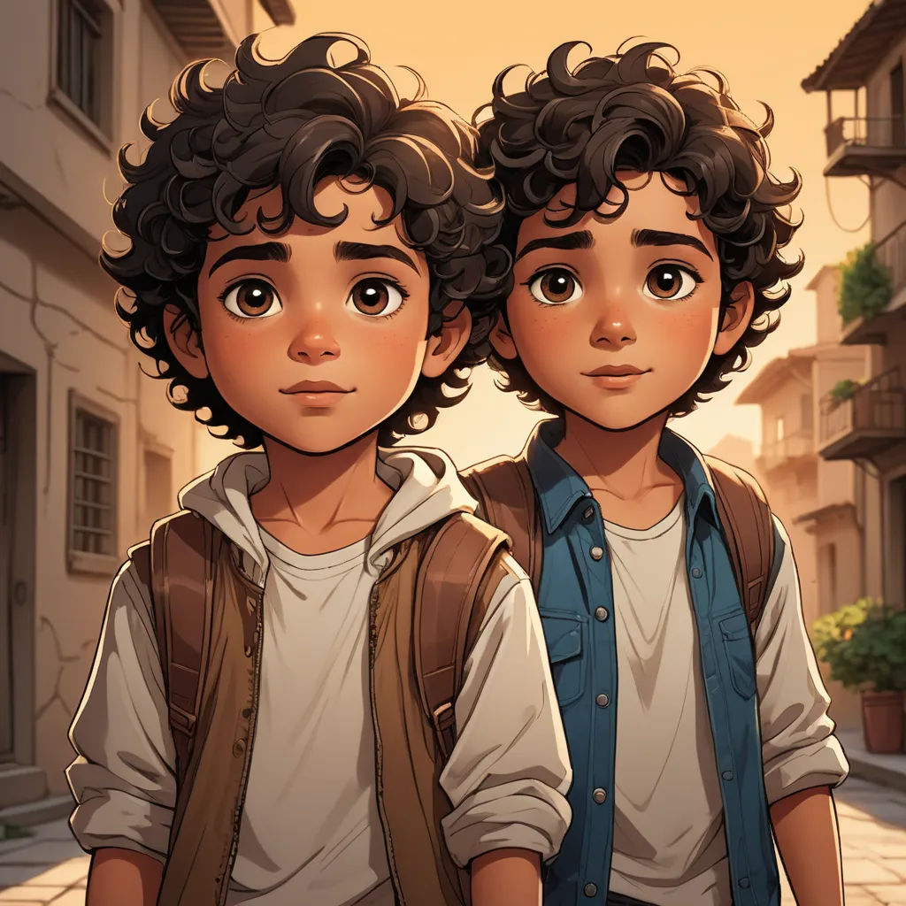 two young boys standing next to each other on a street with buildings in the background and a person standing next to them, serial art, concept art, Fathi Hassan, official art