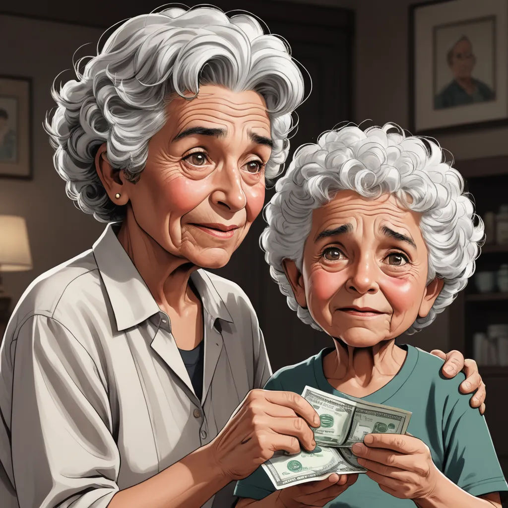 a woman holding a stack of money next to a older woman holding a stack of money in her hands, serial art, a character portrait, F. Scott Hess, ultra realistic illustration