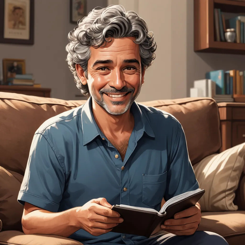 a man sitting on a couch holding a book and smiling at the camera with a book in his hands, serial art, a character portrait, F Scott Hess, character portrait
