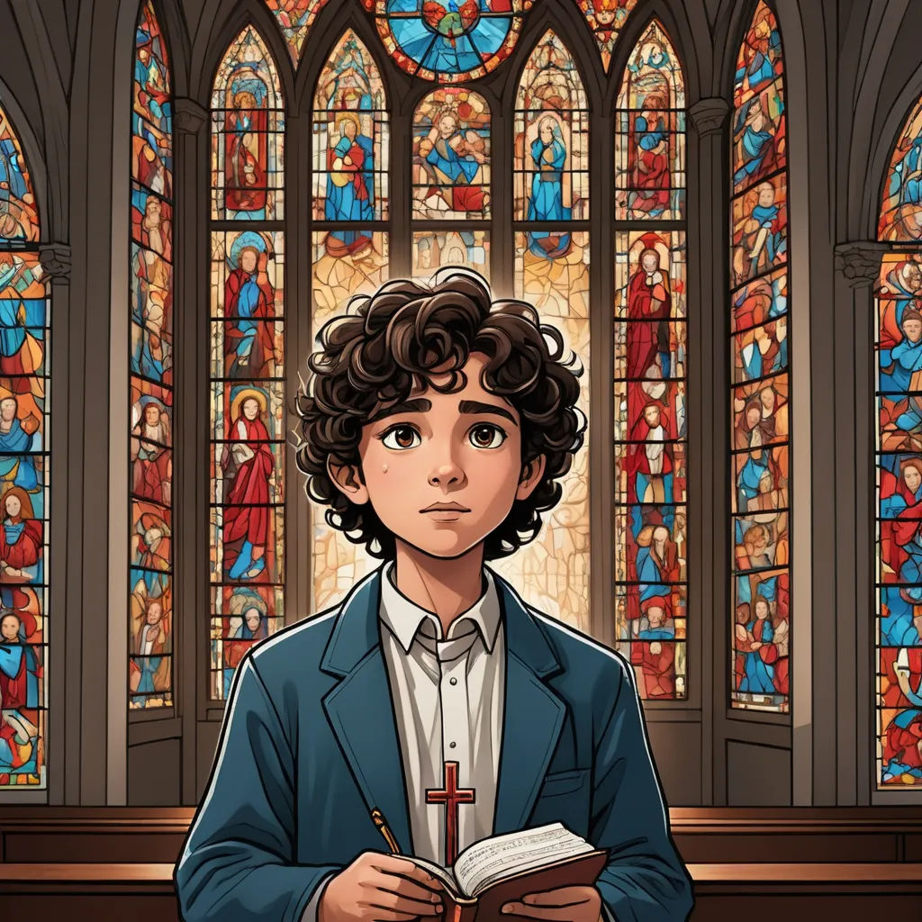 a cartoon of a boy in a church holding a book and a pen in his hand with stained glass windows behind him, serial art, a comic book panel, Brothers Hildebrandt, official art