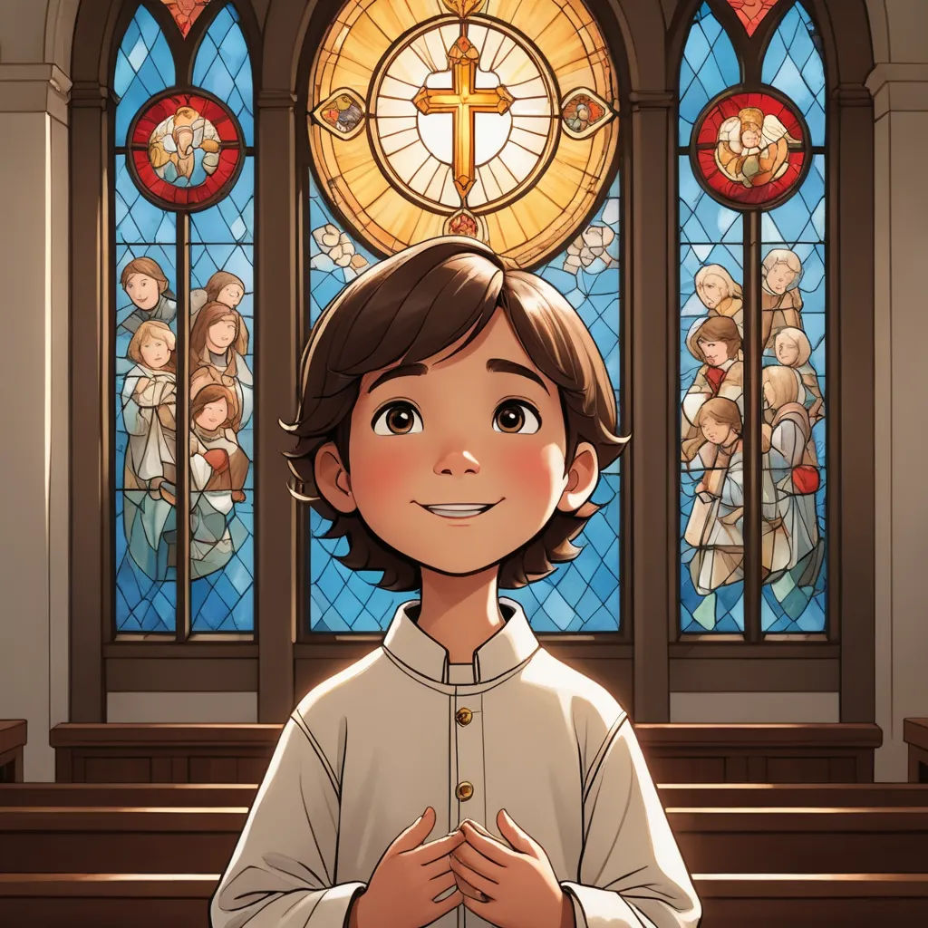 a boy standing in front of a stained glass window with a cross on it's chest and hands folded in front of him, paris school, a storybook illustration, Brothers Hildebrandt, rossdraws global illumination