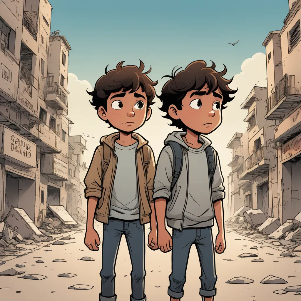 two young boys standing in a street with a building in the background and rubble everywhere on the ground,, serial art, a comic book panel, Asaf Hanuka, graphic novel