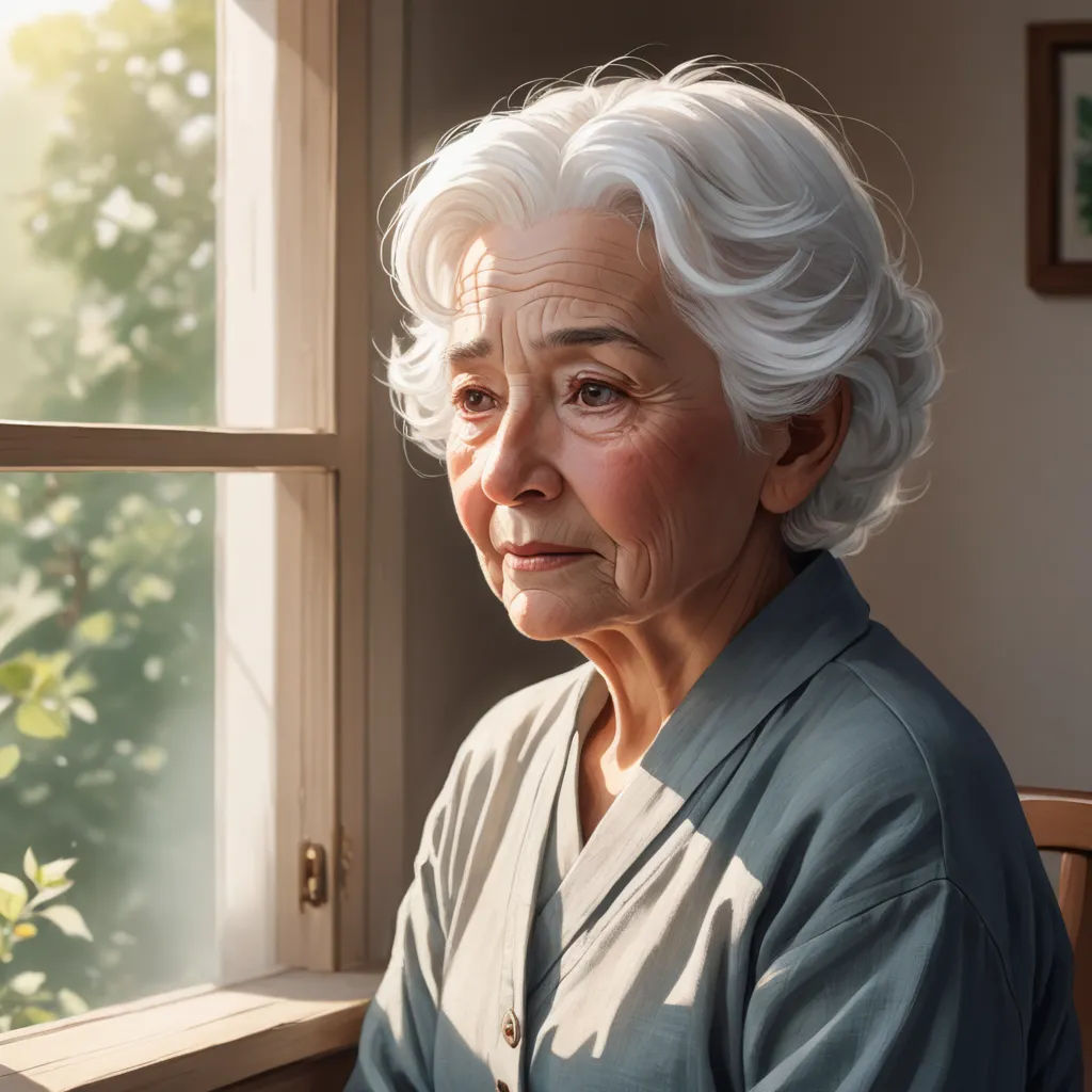 a painting of a woman looking out a window at the trees outside of the window, with a green shirt on, photorealism, a photorealistic painting, Evgeny Lushpin, ultra realistic digital art