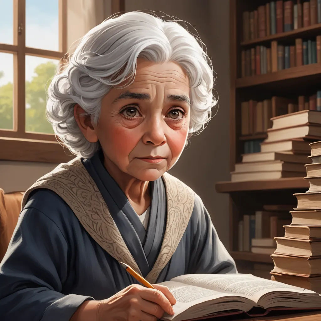 a painting of a woman sitting at a table with a book and pen in her hand and a stack of books behind her, sots art, a character portrait, Chizuko Yoshida, character portrait