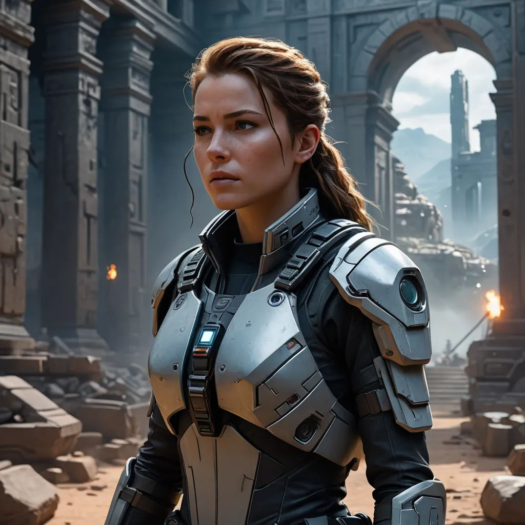 a woman in a futuristic suit standing in front of a building with a giant doorway and a giant archway, antipodeans, computer graphics, Aleksi Briclot, unreal 5