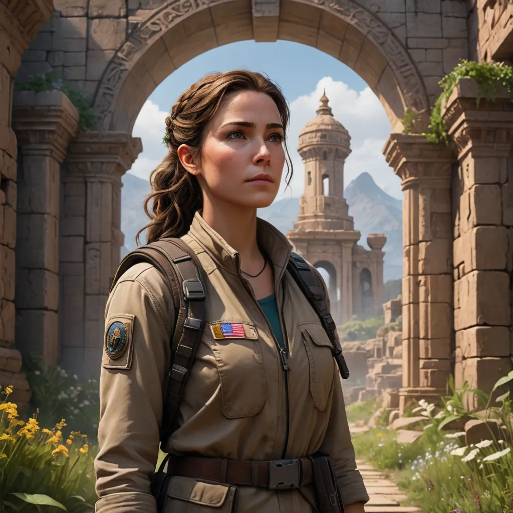 a woman in a uniform standing in front of a stone archway with a clock tower in the background and a yellow flower in the foreground, photorealism, concept art, Ada Hill Walker, game art