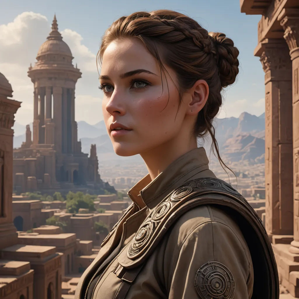 a woman in a brown jacket standing in front of a castle like building with a clock tower in the background, photorealism, computer graphics, Aleksi Briclot, unreal render