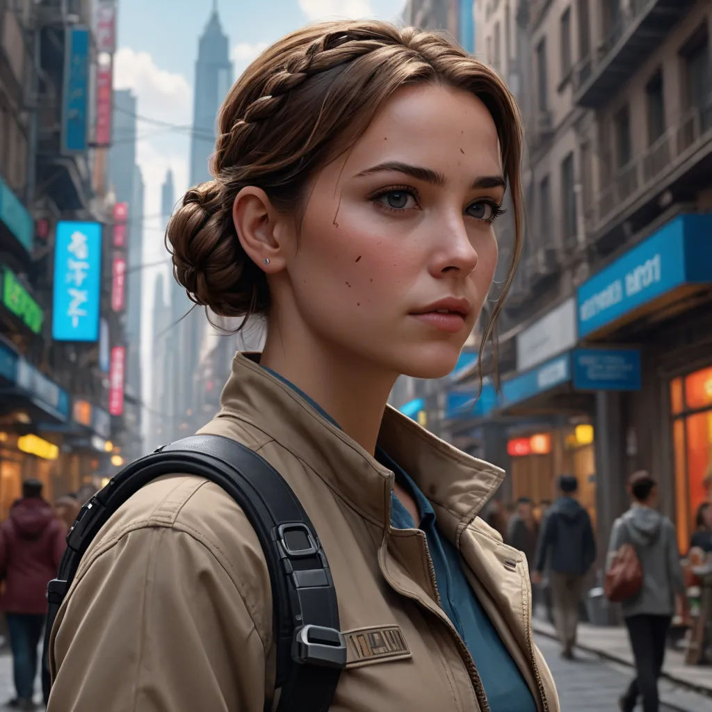 a woman with a backpack on a city street in a city setting with people walking around and buildings in the background, photorealism, a character portrait, Ada Hill Walker, vfx