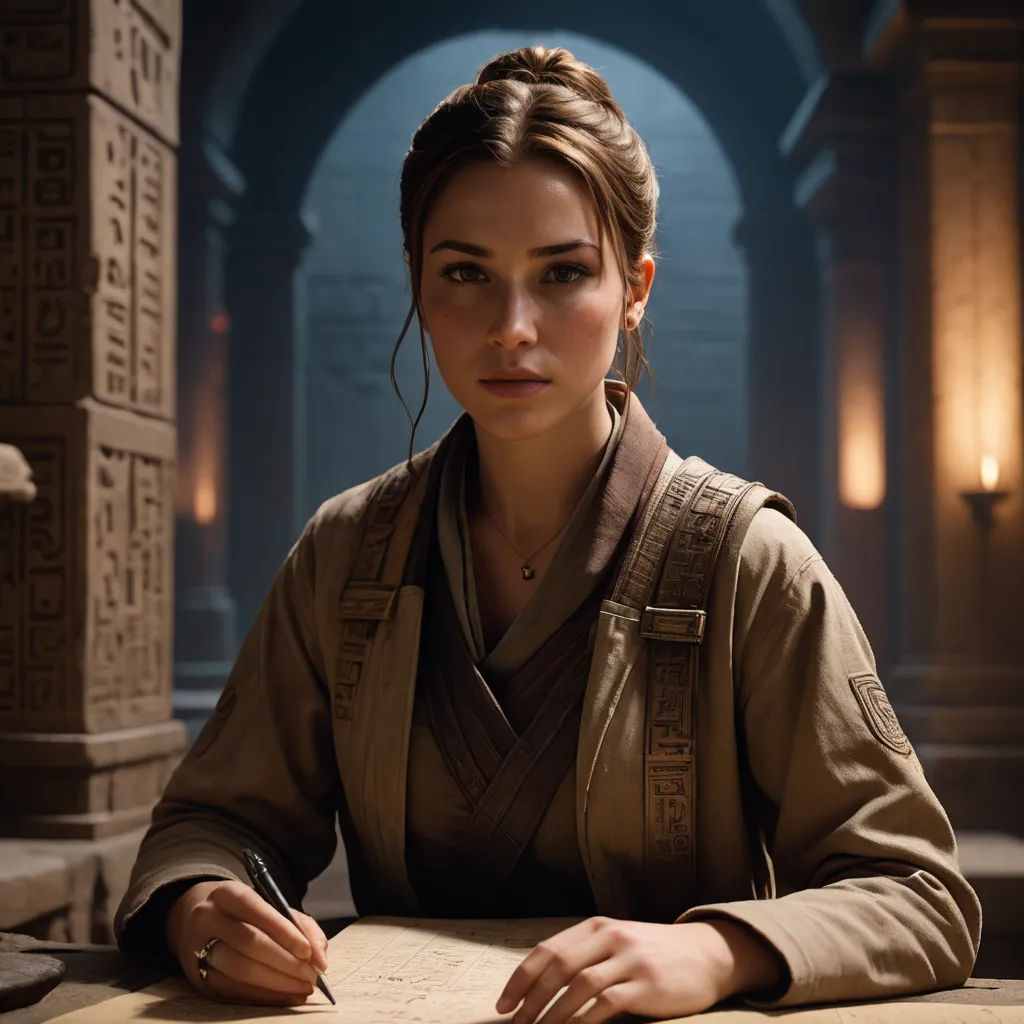 a woman in a star wars outfit sitting at a table with a pen and paper in her hand and writing, academic art, a character portrait, Eva Gonzalès, promotional image