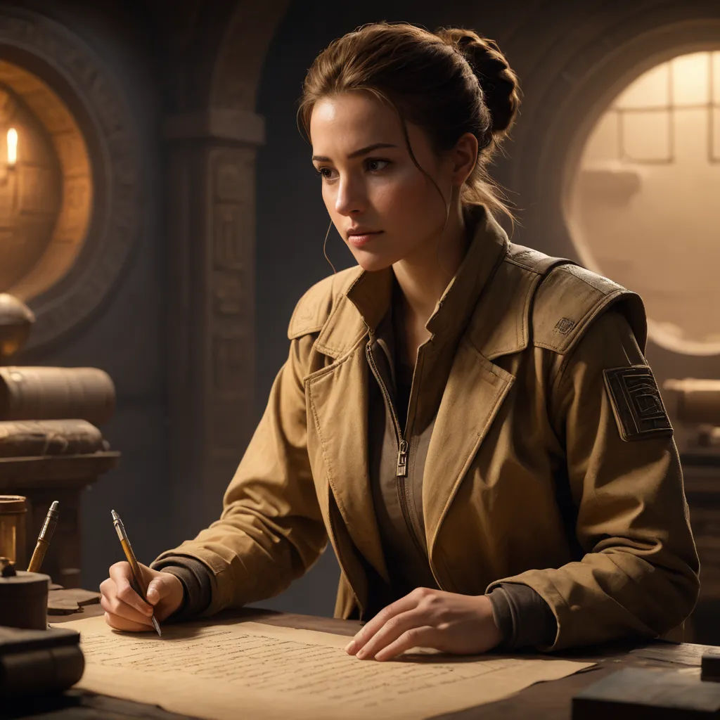 a woman in a trench coat writing on a piece of paper with a pen in her hand and a lamp in the background, fantasy art, a detailed matte painting, Clint Cearley, promotional image