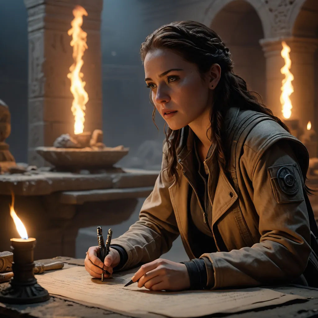 a woman sitting at a table writing in a book with a candle in the background and a fountain in the background, visual art, a detailed matte painting, Araceli Gilbert, promotional image