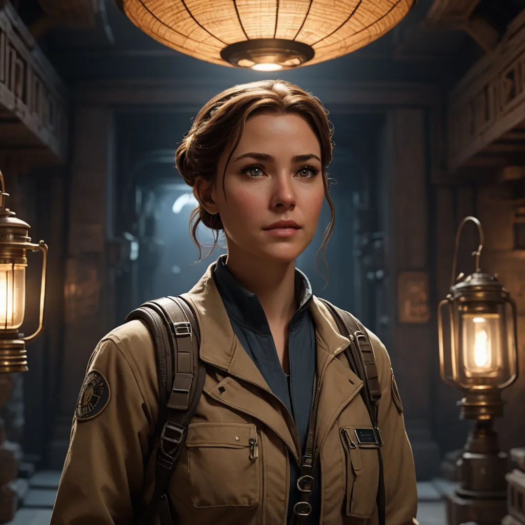 a woman in a uniform standing in a hallway with two lamps on either side of her head and a lantern above her head, rayonism, a character portrait, Constance Gordon-Cumming, vfx