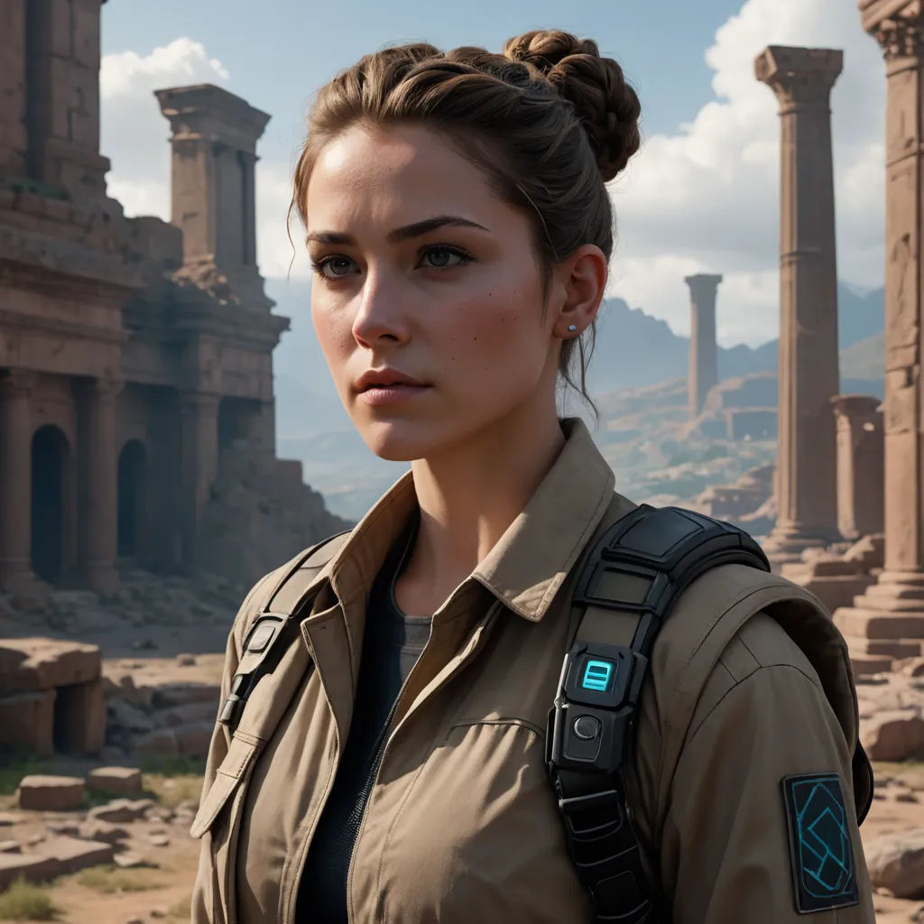 a woman in a uniform standing in front of ruins and ruins with a sky background and clouds in the background, photorealism, a character portrait, Ada Hill Walker, vfx
