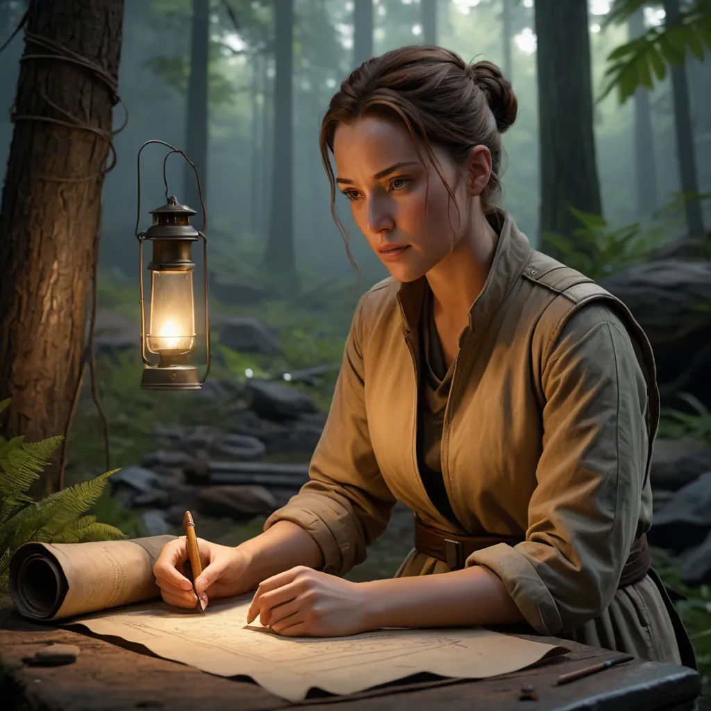 a woman sitting at a table writing on a piece of paper with a lantern hanging above her head and a lantern hanging above her head, photorealism, computer graphics, Ada Hill Walker, ultra realistic digital art