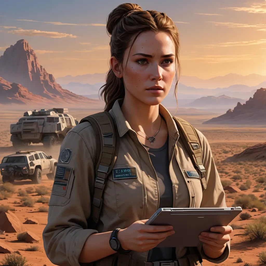 a woman in a desert holding a tablet computer in her hands and looking at the camera with a desert background, sots art, concept art, Ada Hill Walker, ultra realistic digital art