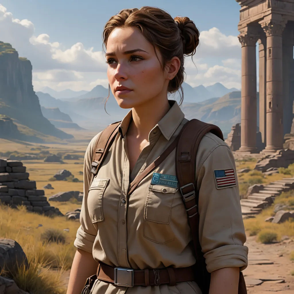 a woman in a uniform standing in front of a mountain range with a stone structure in the background and a valley in the foreground, photorealism, a detailed matte painting, Ada Hill Walker, unreal render