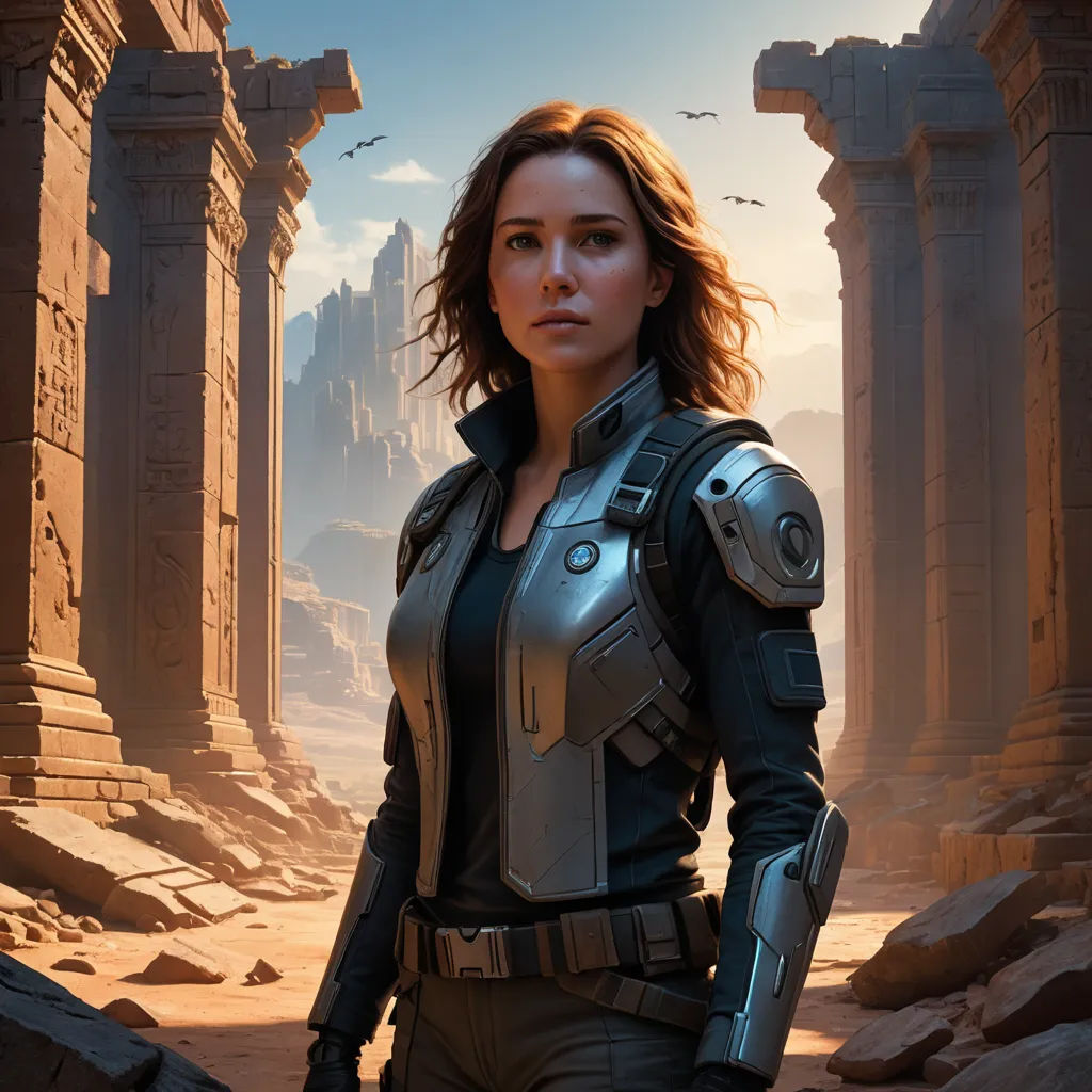 a woman in a futuristic suit standing in a desert area with ruins and birds flying overhead in the background, fantasy art, concept art, Clint Cearley, unreal 5
