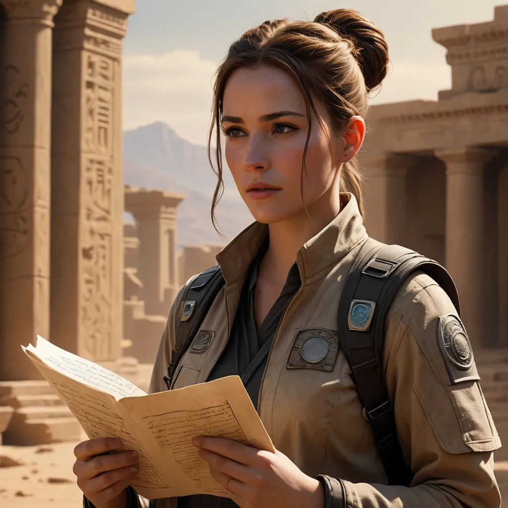 a woman in a military uniform reading a book in front of a desert landscape with columns and a mountain in the background, academic art, concept art, Ada Hill Walker, unreal engine highly rendered