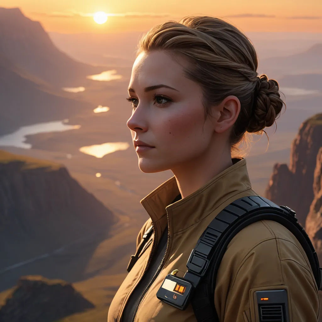 a woman in a star wars outfit looking out over a valley at sunset with a valley in the background, photorealism, a detailed matte painting, Eve Ryder, unreal engine highly rendered