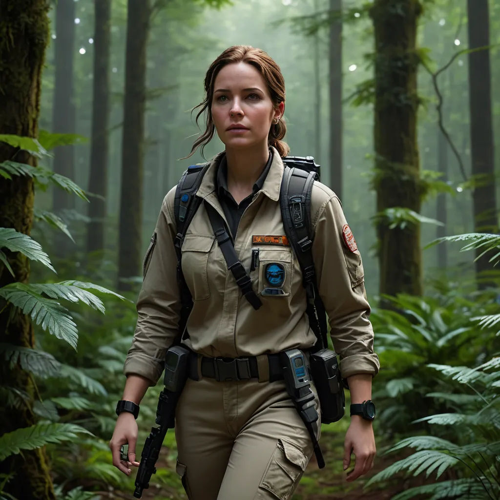 a woman in a forest with a backpack on her back and a backpack on her shoulder, walking through the woods, rayonism, a poster, Ada Hill Walker, promotional image