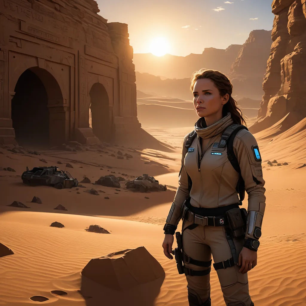 a woman in a desert setting with a desert background and a tunnel in the distance with a light shining on her, retrofuturism, concept art, Cedric Peyravernay, unreal engine highly rendered