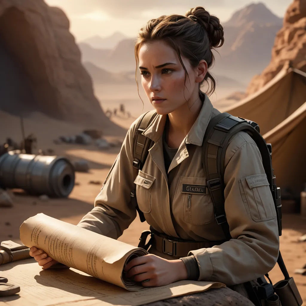 a woman in a desert setting reading a book and looking at the camera with a desert background and mountains in the distance, photorealism, computer graphics, Ada Hill Walker, unreal engine highly rendered