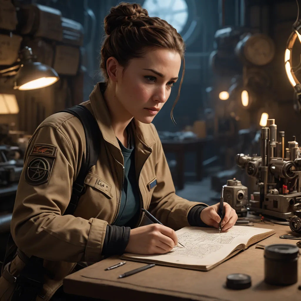 a woman in a uniform writing on a piece of paper in a room with clocks and other items on the table, rayonism, a character portrait, Cedric Peyravernay, promotional image