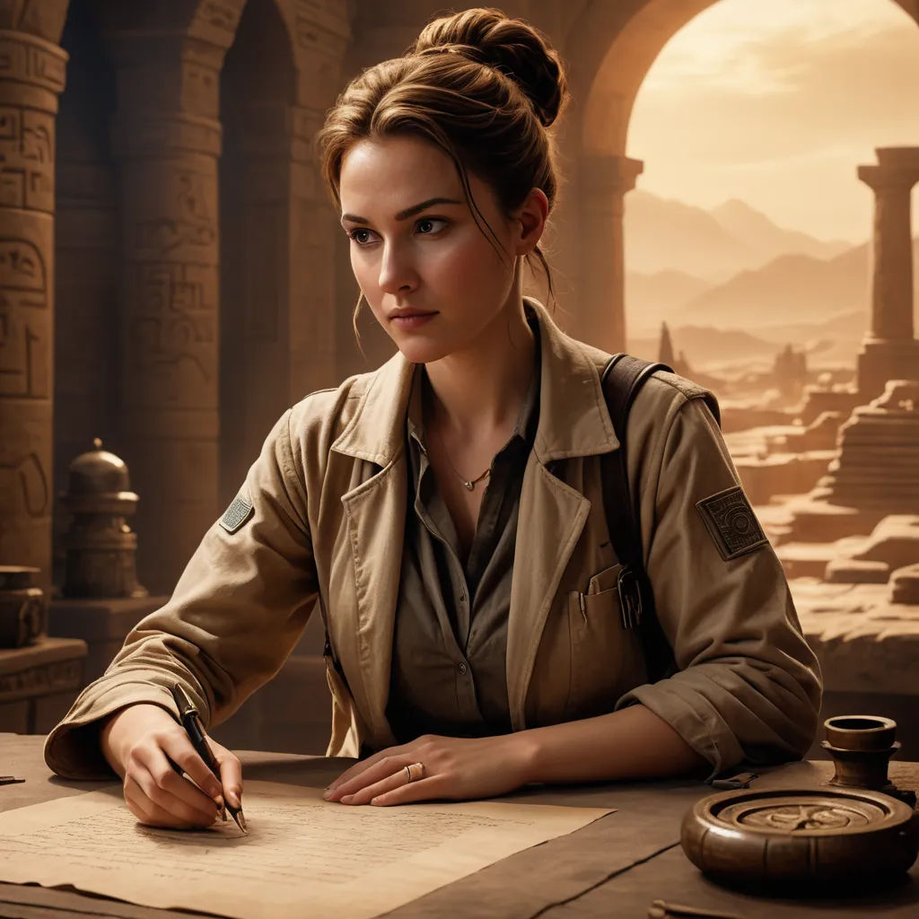a woman sitting at a table with a pen and paper in her hand and a clock in the background, fantasy art, a detailed matte painting, Dave Melvin, promotional image
