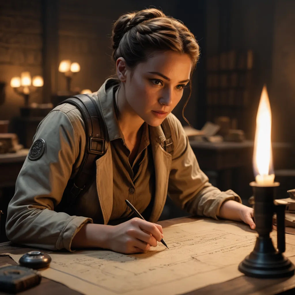 a woman sitting at a table writing on a piece of paper with a candle in the background and a pen in her hand, fantasy art, a character portrait, Constance Gordon-Cumming, promotional image