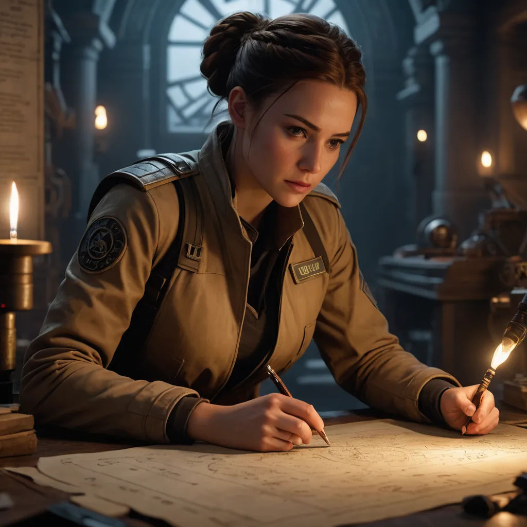 a woman in a uniform writing on a piece of paper with a flashlight in her hand and a candle in her hand, fantasy art, concept art, Cedric Peyravernay, unreal engine highly rendered