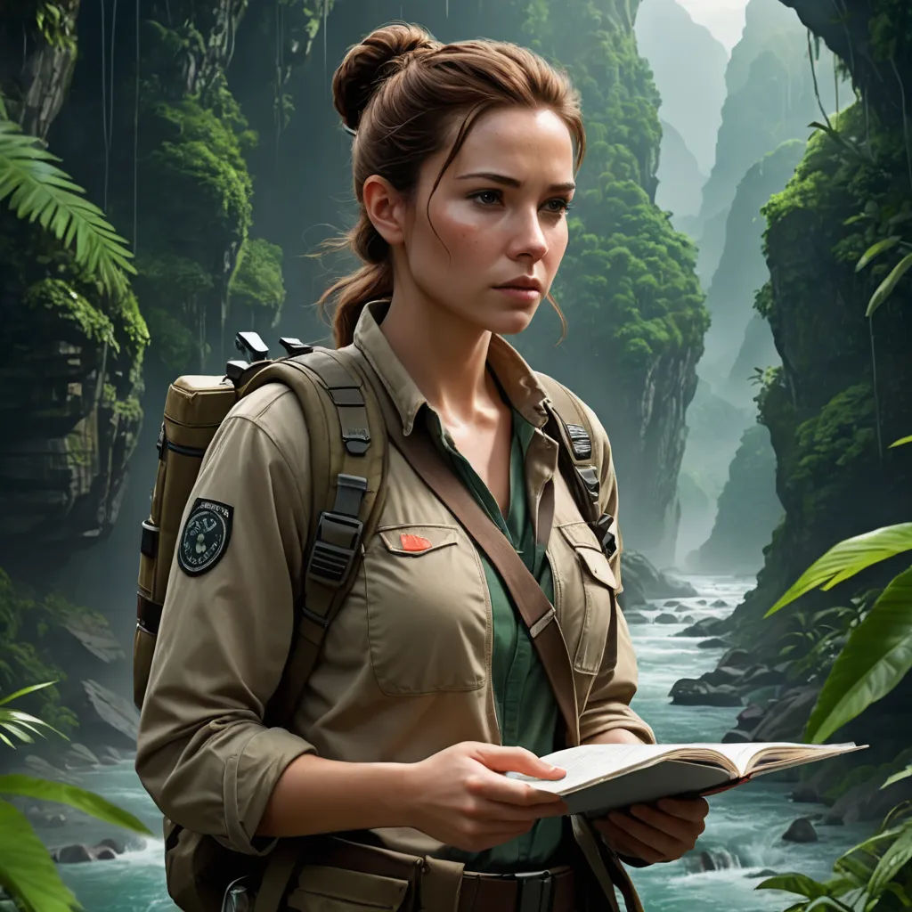 a woman in a jungle holding a book in her hands and looking at the camera with a river in the background, fantasy art, concept art, Clint Cearley, magic the gathering artwork