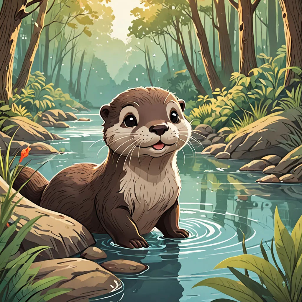 a cartoon otter is sitting in the water and smiling at the camera while looking at the camera man is standing in the water, sots art, a storybook illustration, Dan Mumford, official art
