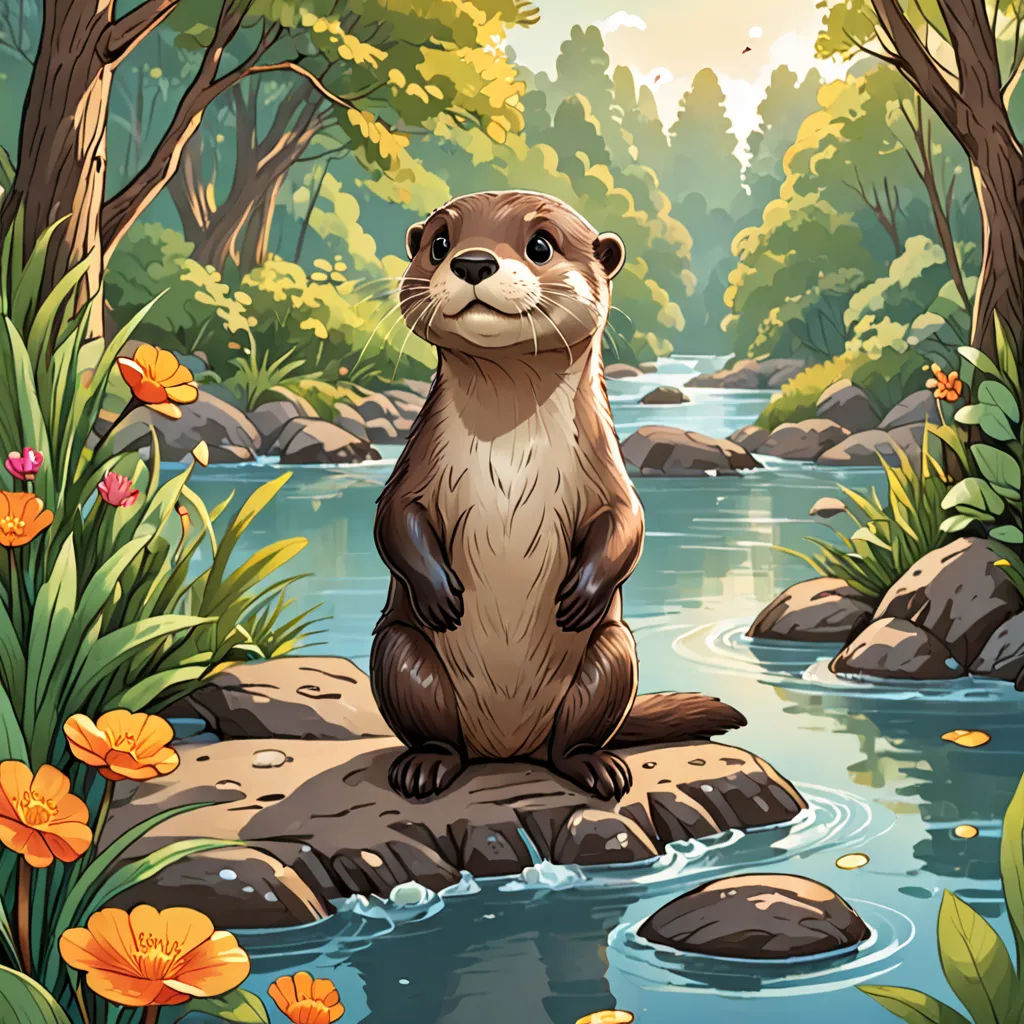 a beaver sitting on a rock in a river surrounded by flowers and trees with a sun shining through the trees, sots art, a storybook illustration, Chris LaBrooy, official art